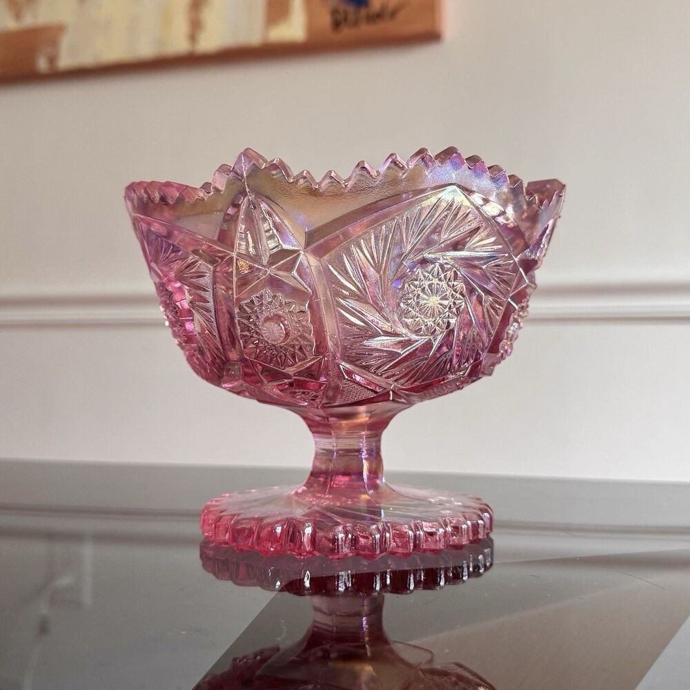 LE Smith Pink Carnival Whirling Star Compote Pedestal Bowl
